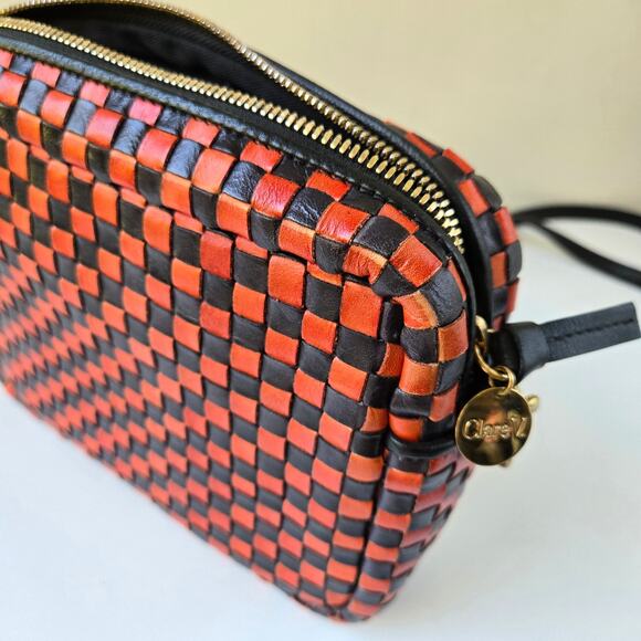 Clare Vivier V Midi Sac Red Black Checker Woven Leather Crossbody Purse EUC Rare - Picture 8 of 16